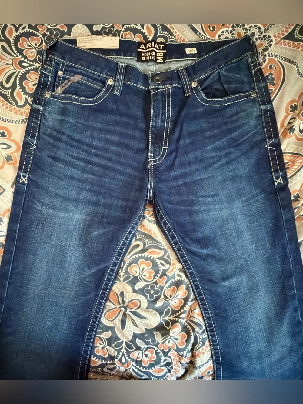 NWT mens Ariat M-Series M8 modern Slim Leg Jeans in Dark Blue Denim SIZE 36x36